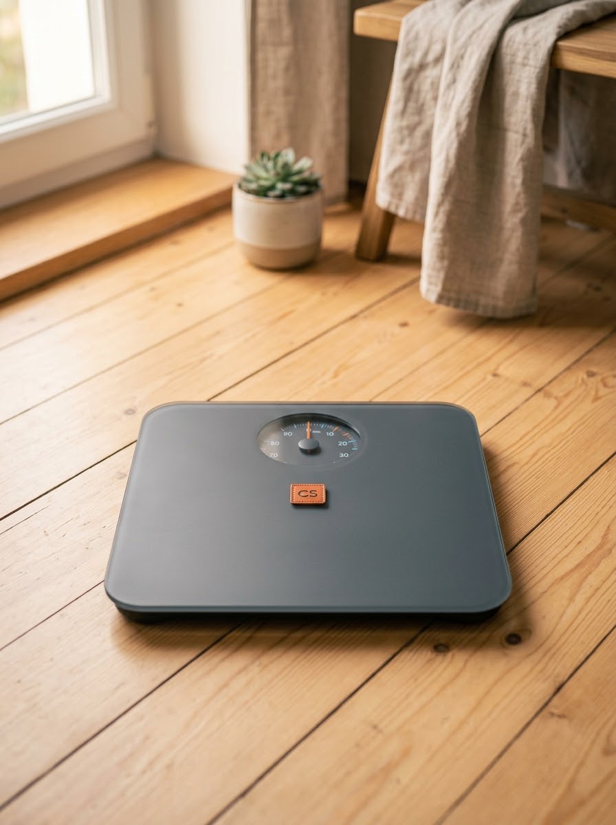 Une balance simple dans un intérieur chaleureux — un chiffre parmi d'autres, jamais une sentence.