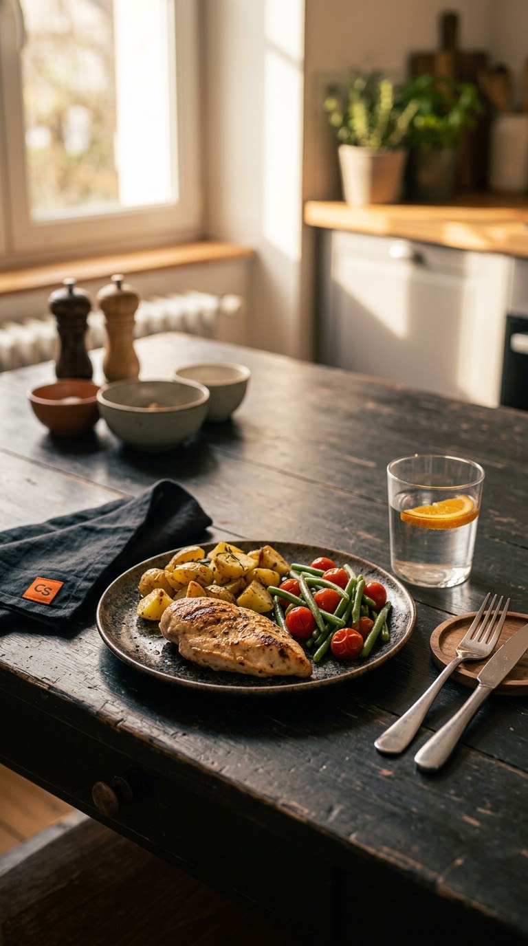 Poulet grillé, légumes de saison et pommes de terre — manger sainement sans se compliquer la vie.